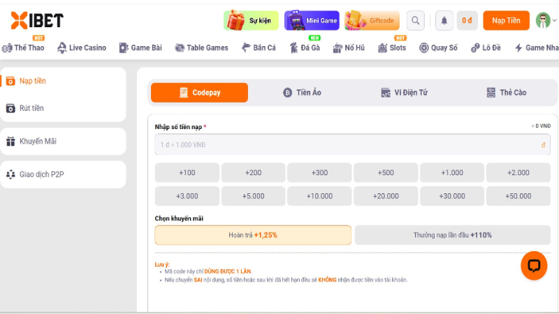 Nạp tiền rút tiền XIBET